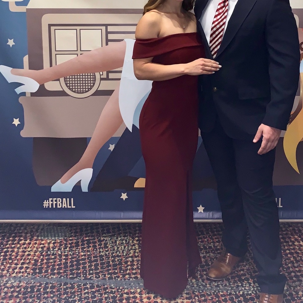 Lulu’s red wine off the shoulder gown